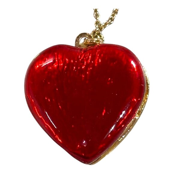 Vintage Gold Heart Locket Necklace With Ruby Red and Clear Rhinestones Stones - Picture 3 of 10